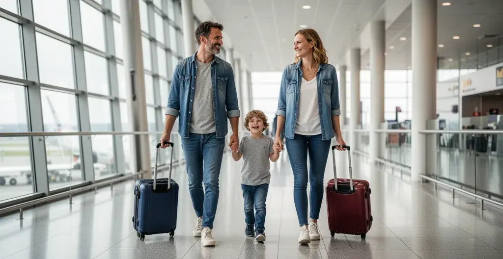 Parents et enfant marchant sereinement dans un aéroport avec leurs bagages