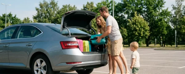 Famille chargeant des valises dans une voiture avant un départ en voyage au Maroc